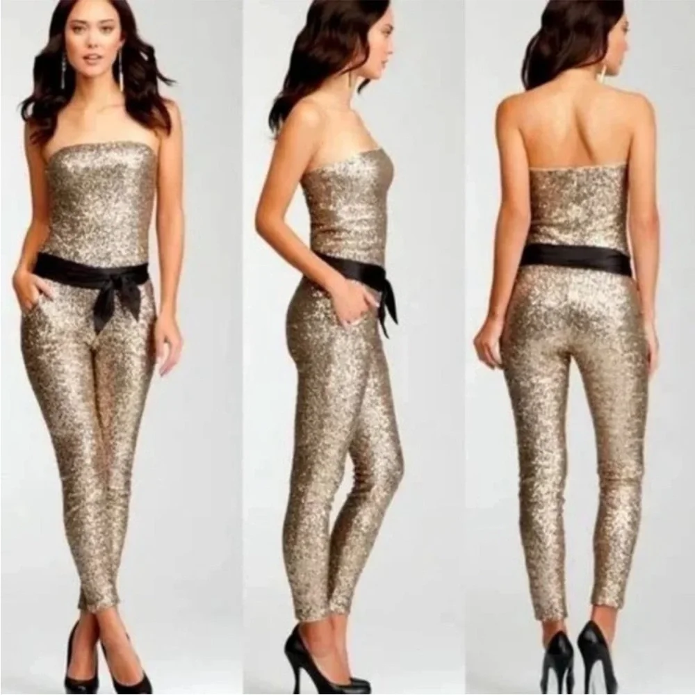 Gold Sequin Strapless Jumpsuit - Picture 3 of 15